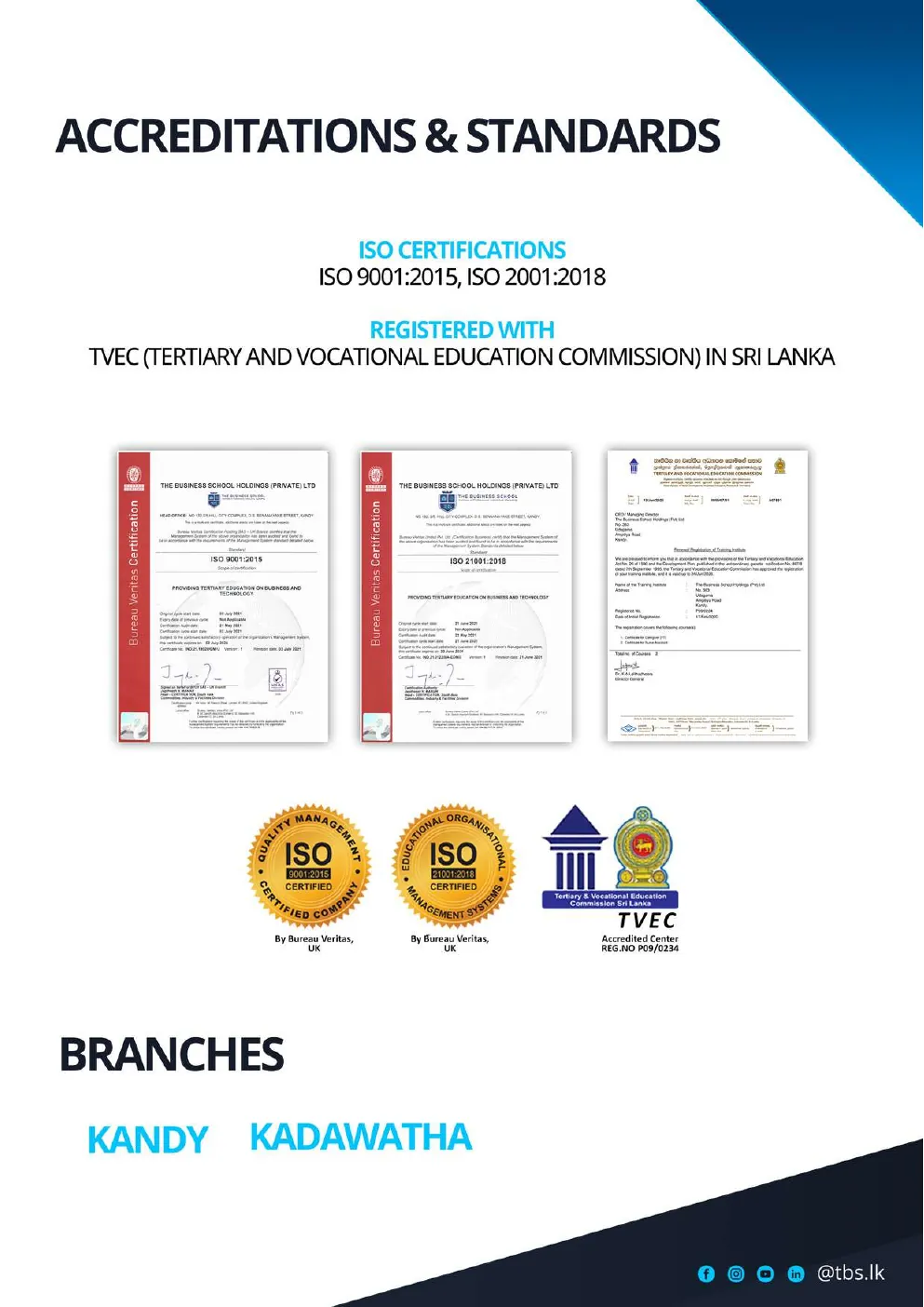 Accreditations and standards from TBS profile